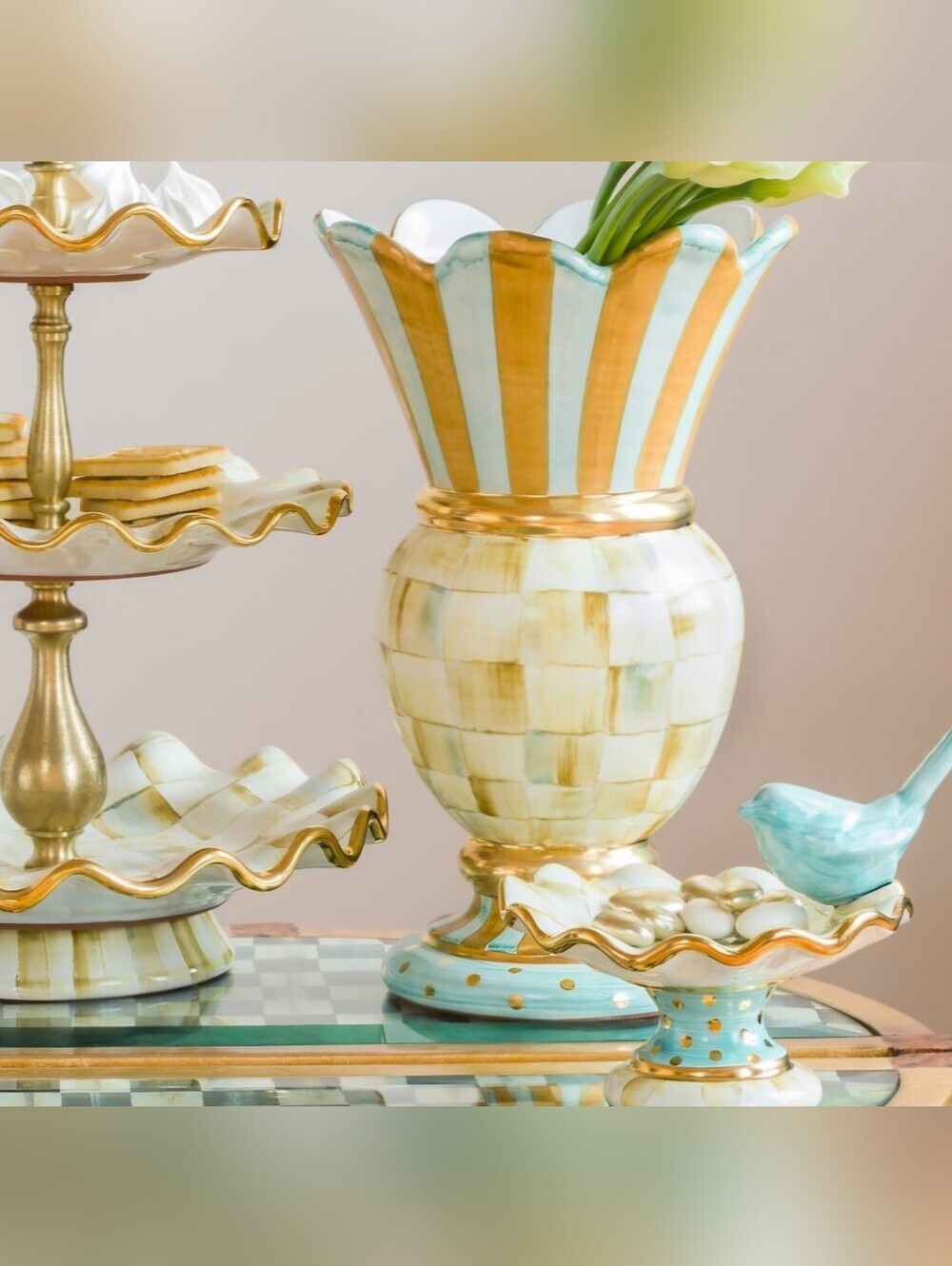 NEW! MacKenzie-Childs Turquoise & Gold Striped & Checkered Vase, Parchment Check - Picture 4 of 9